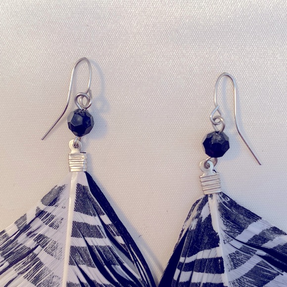 Zebra and Black Feather Dangle Earrings - Picture 3 of 3